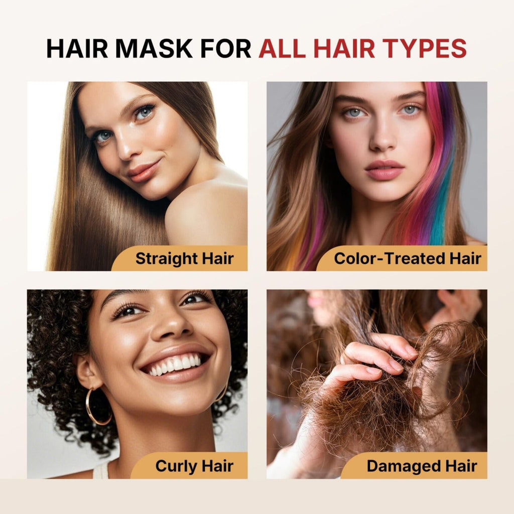 Refect Beauty Karseell collagen hair mask showing results on straight, color-treated, curly, and damaged hair types.