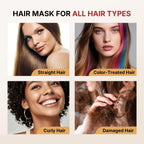 Refect Beauty Karseell collagen hair mask showing results on straight, color-treated, curly, and damaged hair types.