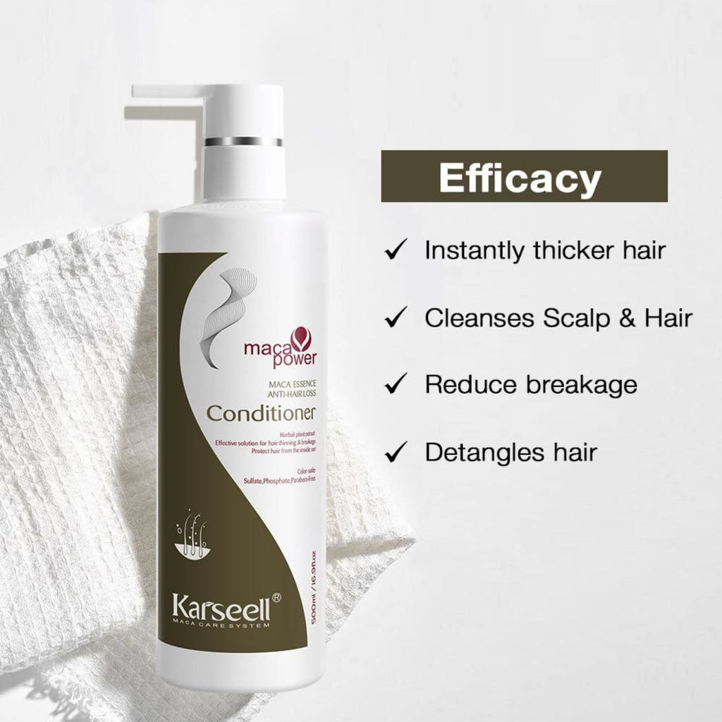 Refect Beauty Karseell Maca Power anti-hair loss conditioner bottle with pump dispenser on a white towel background
