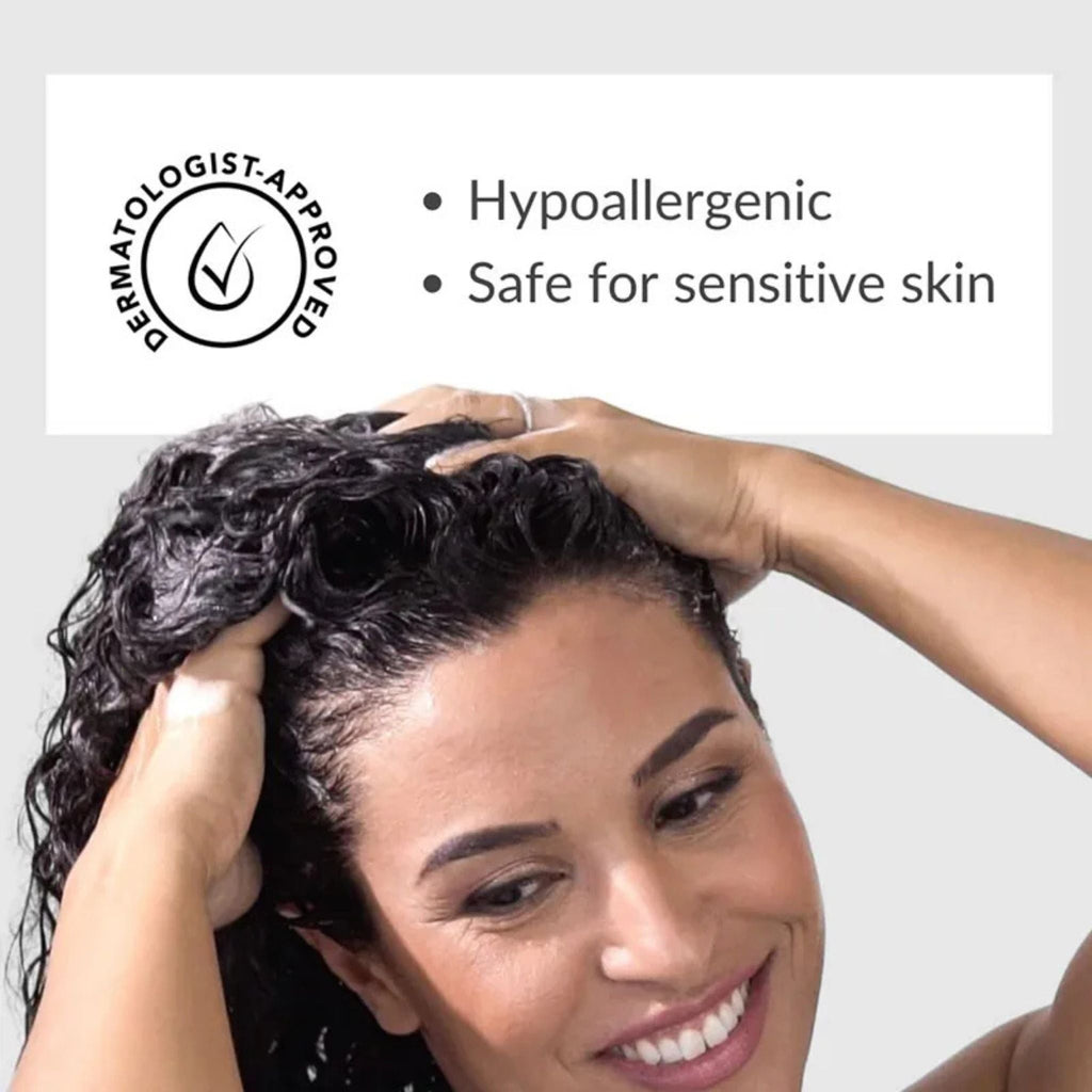 Refect Beauty Karseell Maca Power anti-hair loss conditioner applied to a smiling woman with curly dark hair