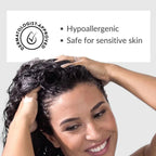 Refect Beauty Karseell Maca Power anti-hair loss conditioner applied to a smiling woman with curly dark hair