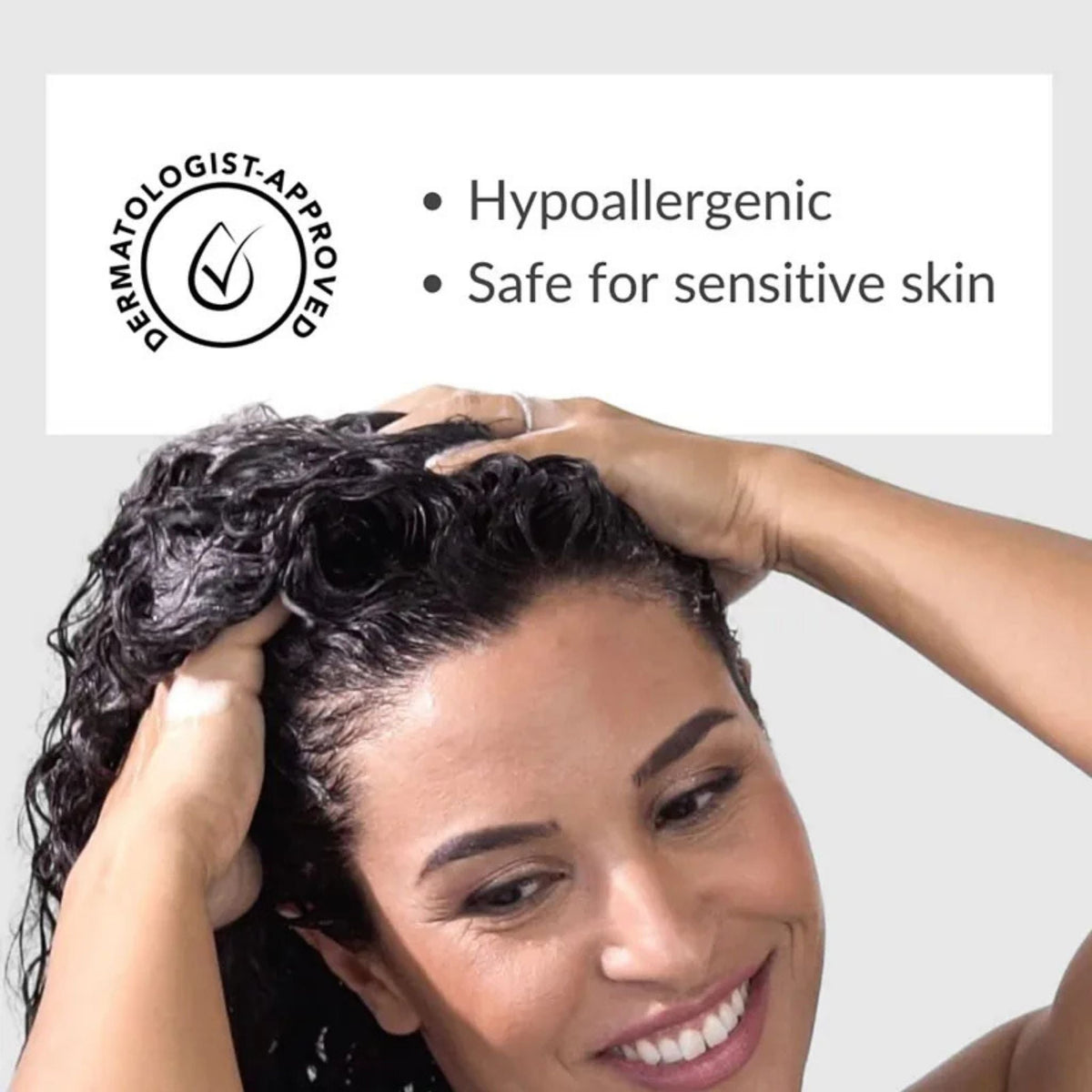 Refect Beauty Karseell Maca Power anti-hair loss conditioner applied to a smiling woman with curly dark hair