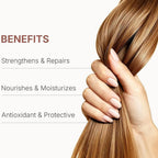 Refect Beauty Karseell Maca Power Moisture Shampoo benefits list shown next to a hand holding healthy brown hair