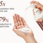 Refect Beauty Karseell Maca Power Moisture Shampoo being dispensed as a white creamy liquid into a palm