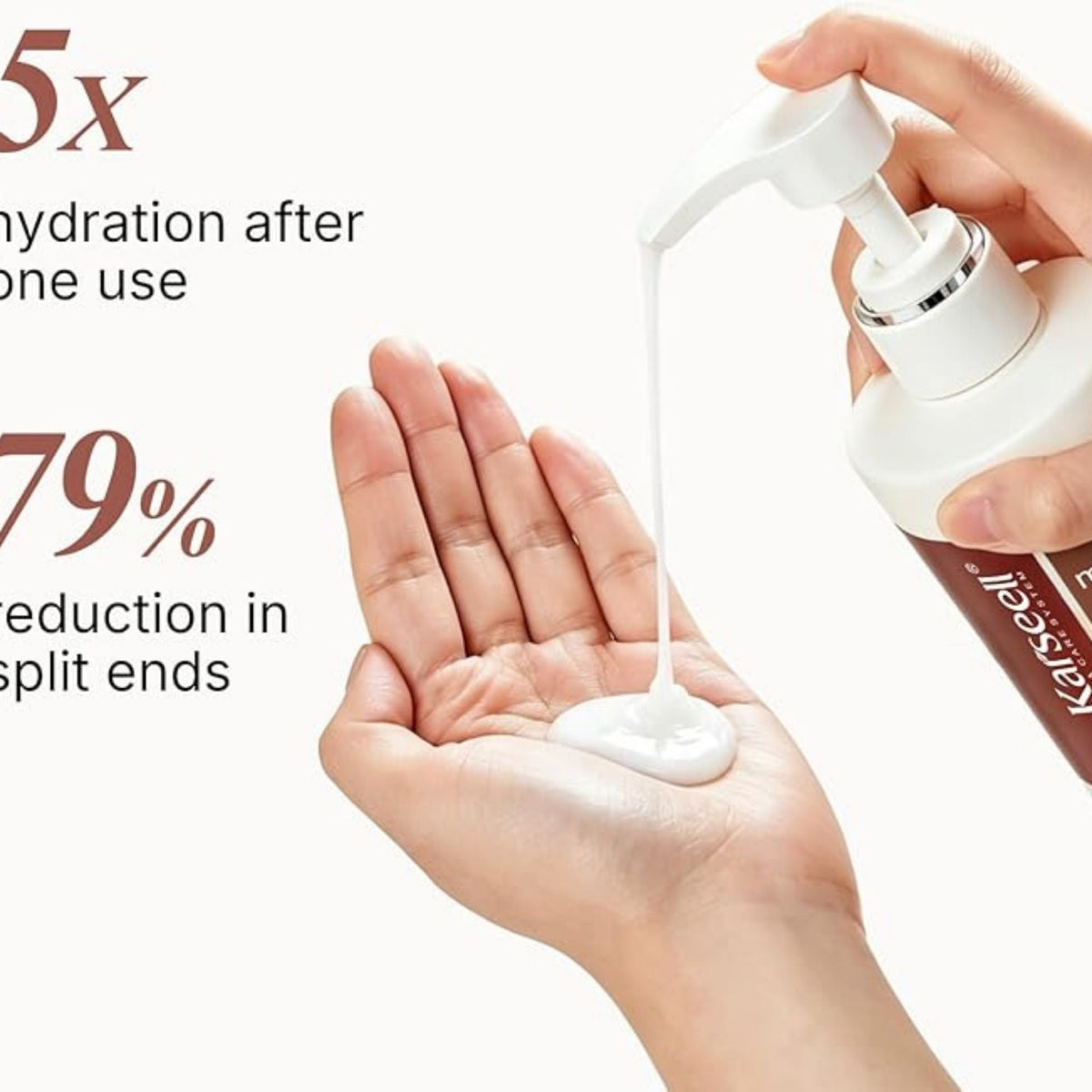 Refect Beauty Karseell Maca Power Moisture Shampoo being dispensed as a white creamy liquid into a palm