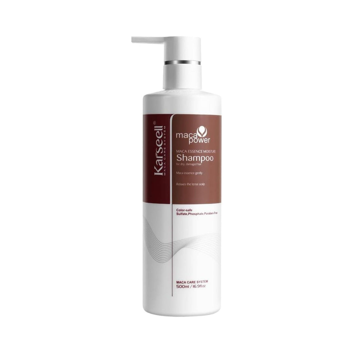 Refect Beauty Karseell Maca Power Moisture Shampoo in a white 500ml pump bottle for dry and damaged hair.