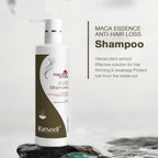 Refect Beauty Karseell Maca Power anti-hair loss shampoo bottle with pump dispenser on a dark stone surface.
