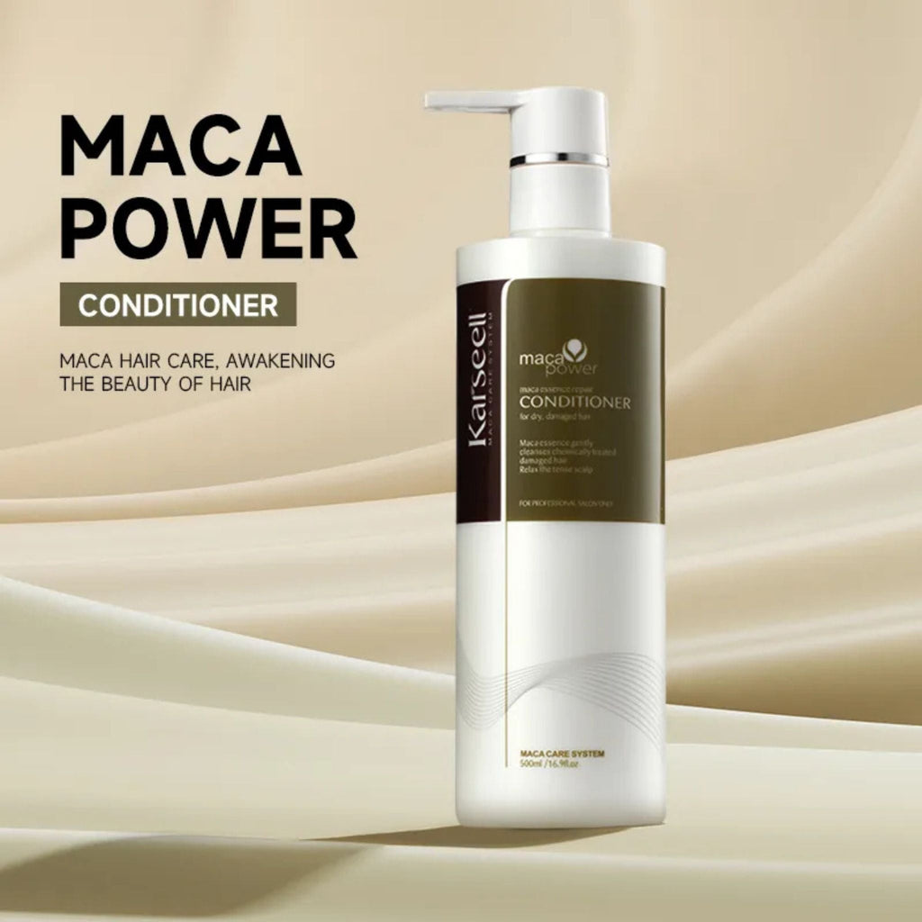 Refect Beauty Karseell Maca Power anti-hair loss conditioner bottle with pump dispenser on a beige background.