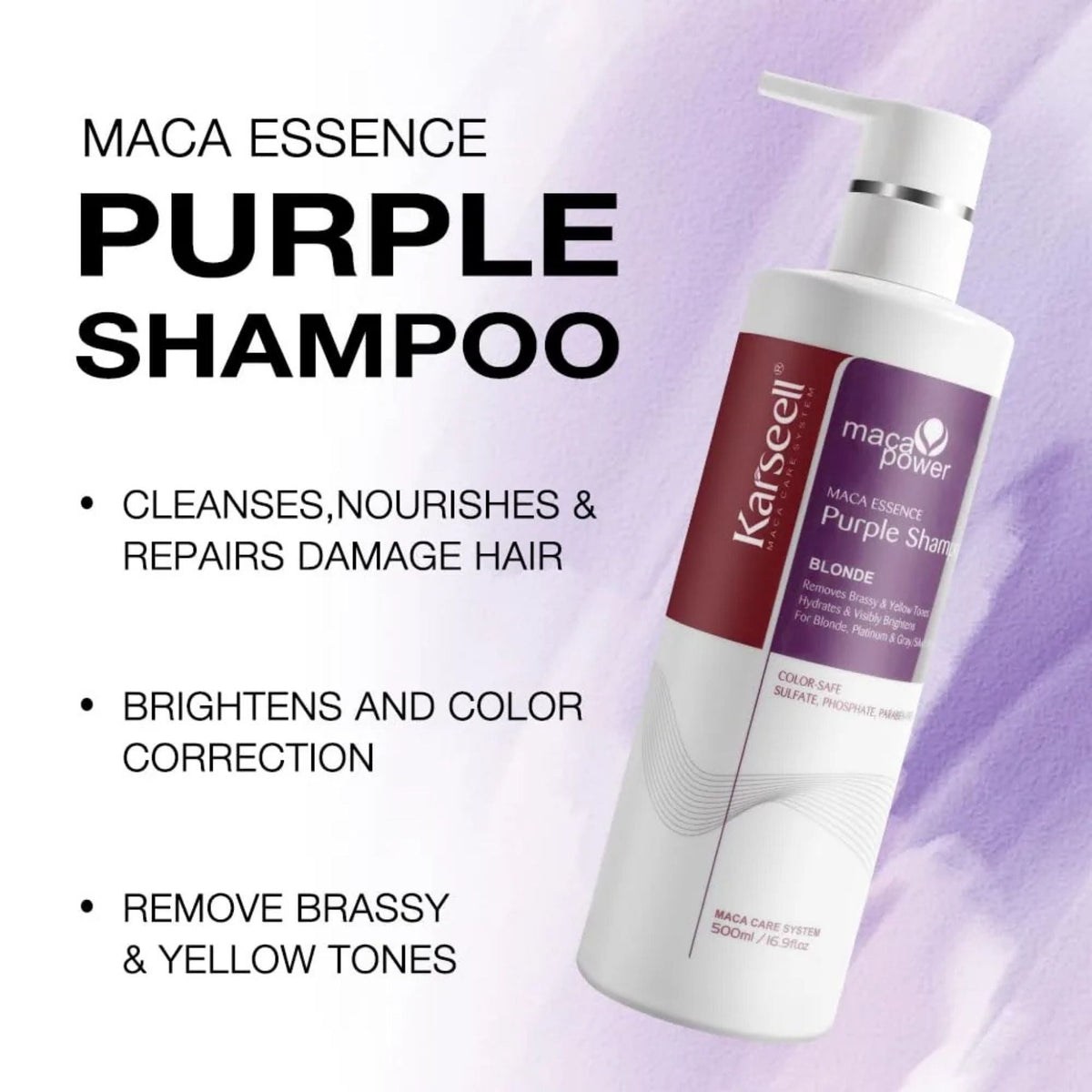 Refect Beauty Karseell Maca Power purple shampoo bottle for blonde, silver, and gray hair to neutralize brassy tones.