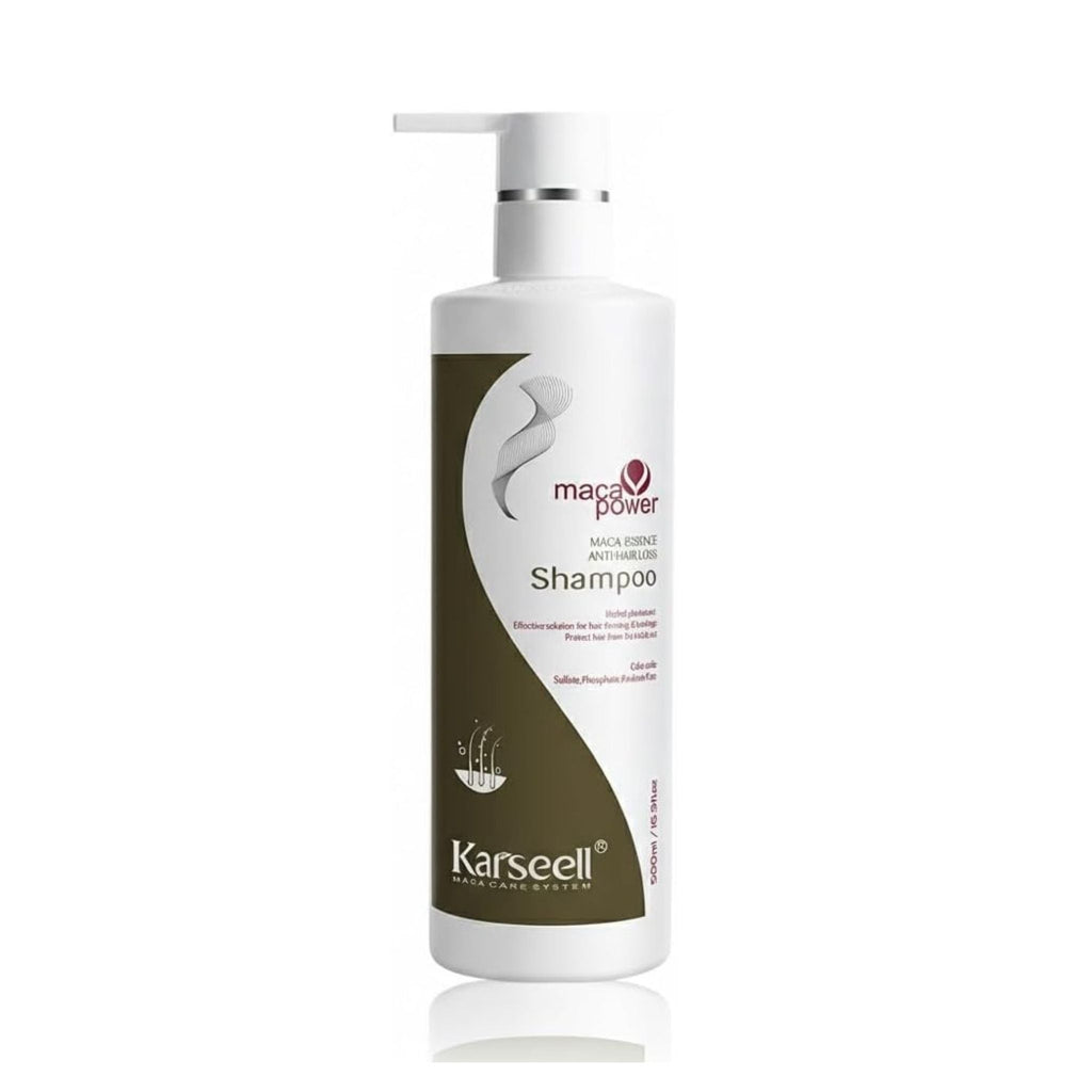 Refect Beauty Karseell Maca Power anti-hair loss shampoo in a white 500ml pump bottle with brown label branding.