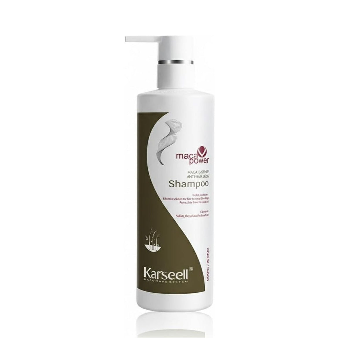 Refect Beauty Karseell Maca Power anti-hair loss shampoo in a white 500ml pump bottle with brown label branding.