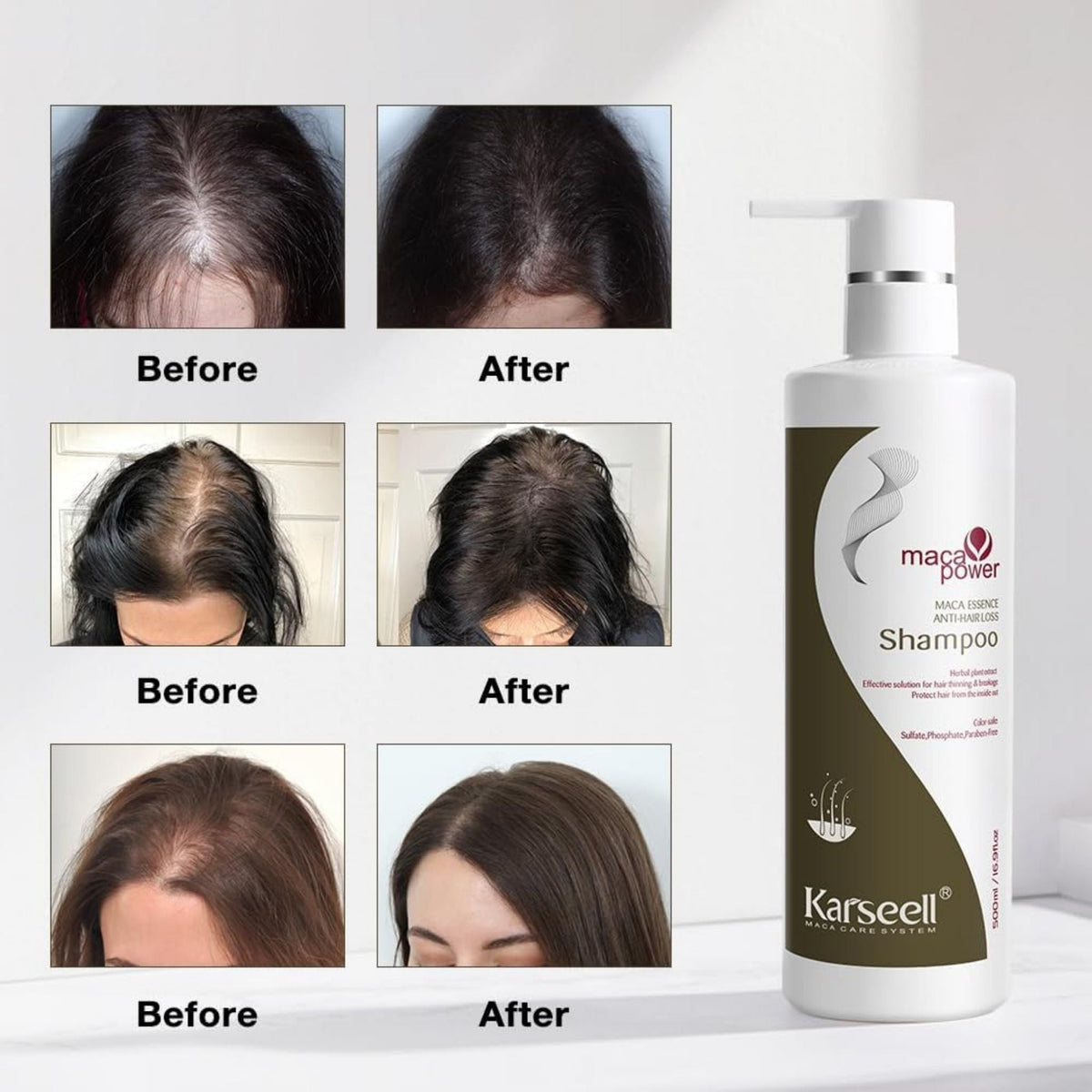 Refect Beauty Karseell Maca Power anti-hair loss shampoo bottle with before and after hair growth comparison photos