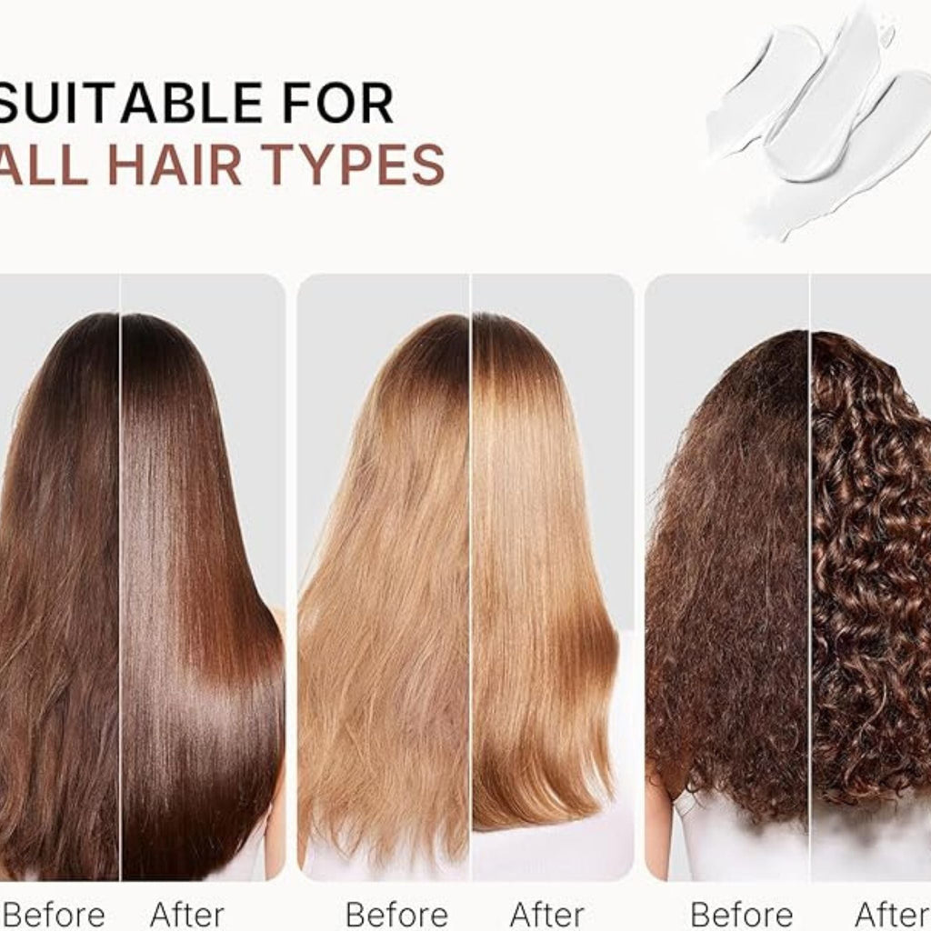 Refect Beauty Karseell Maca Power Moisture Shampoo showing before and after hair results for various hair types.