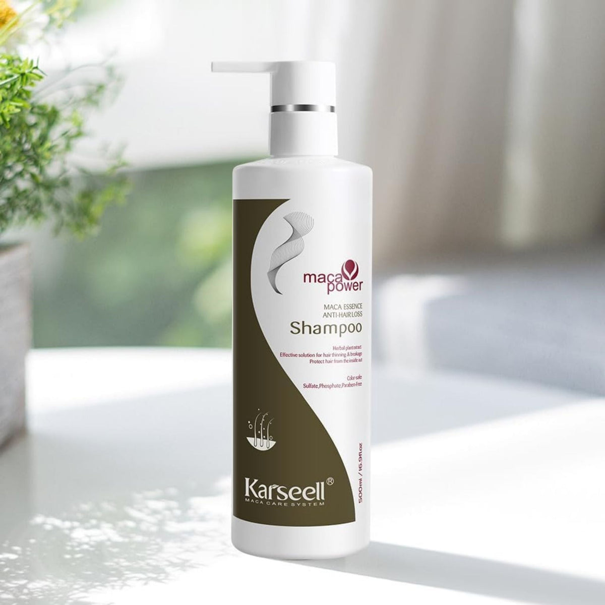 Refect Beauty Karseell Maca Power anti-hair loss shampoo bottle with a pump dispenser on a white surface.