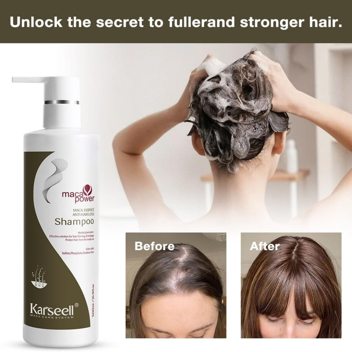Refect Beauty Karseell Maca Power anti-hair loss shampoo bottle with before and after hair growth results