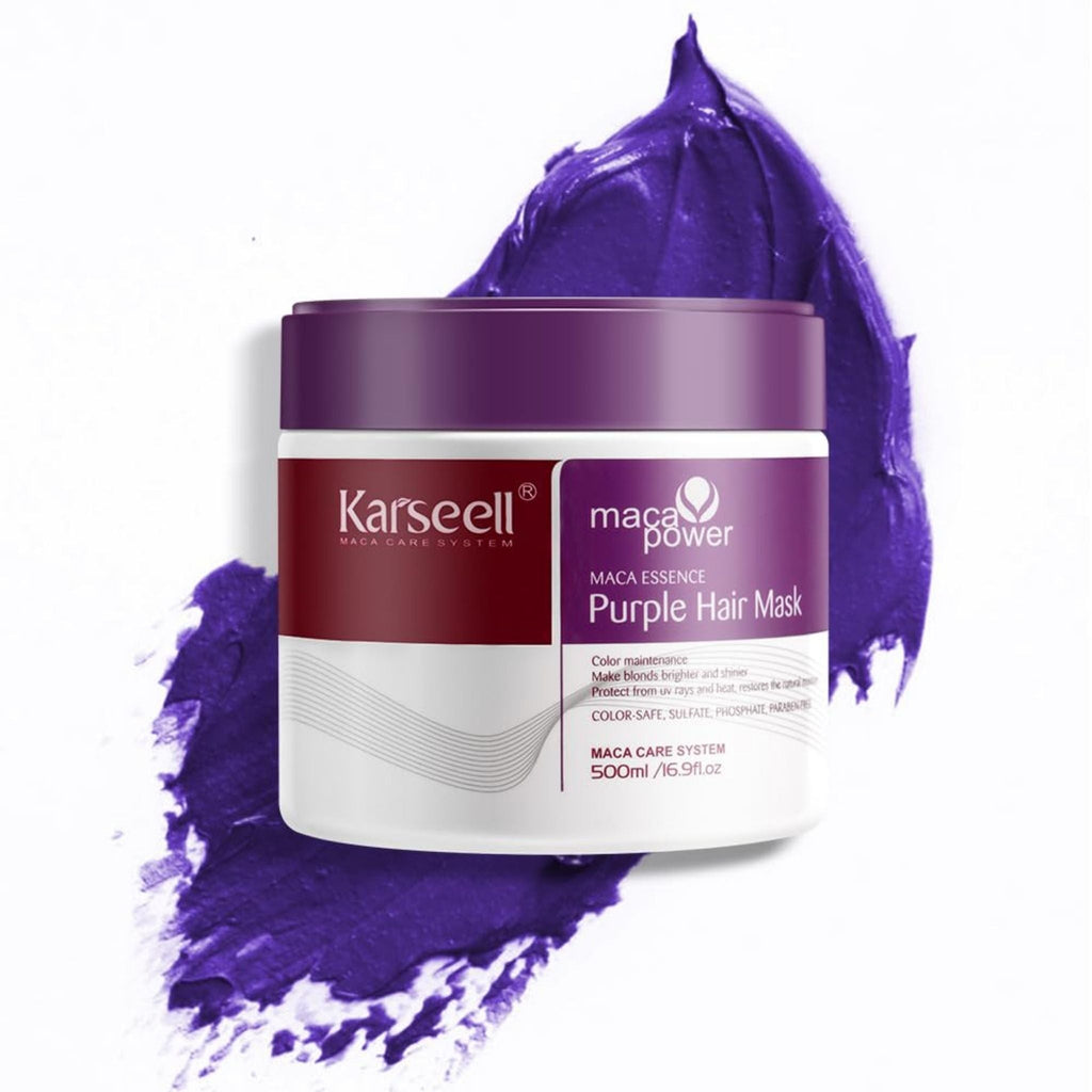 Refect Beauty Karseell Maca Power purple hair mask in a 500ml jar with a smear of violet toning cream behind it.