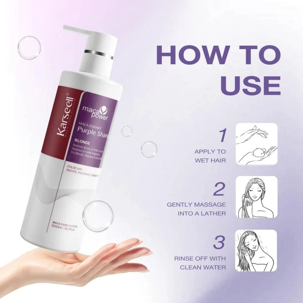 Refect Beauty Karseell Maca Power purple shampoo bottle with instructions for blonde and gray hair care