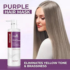 Refect Beauty Karseell Maca Power purple shampoo bottle next to a woman with cool-toned blonde hair