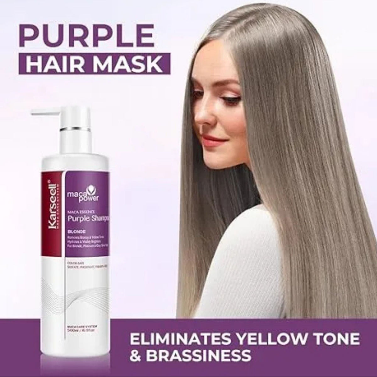 Refect Beauty Karseell Maca Power purple shampoo bottle next to a woman with cool-toned blonde hair