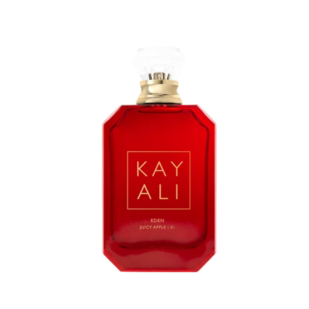 Refect Beauty Kayali Eden Juicy Apple 01 eau de parfum in a vibrant red glass bottle with a clear crystal-like cap.