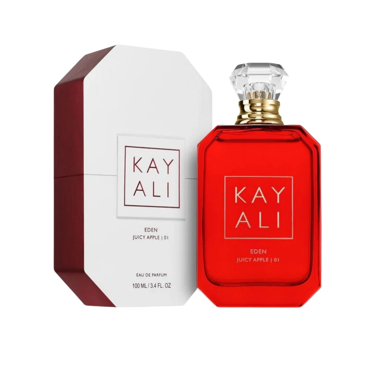 Refect Beauty Kayali Eden Juicy Apple 01 Eau de Parfum in a vibrant red glass bottle with a white and red box.