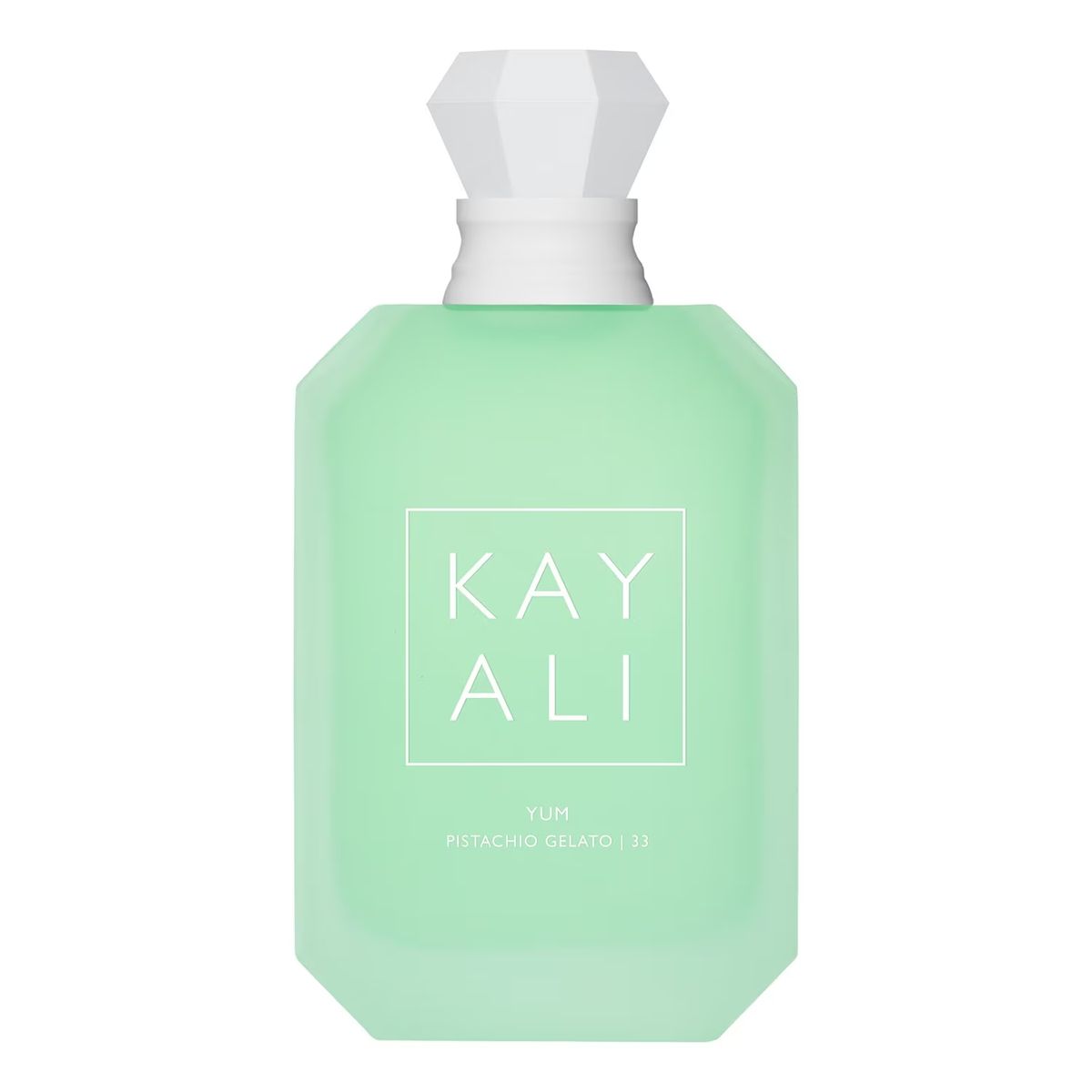 Refect Beauty Kayali Yum Pistachio Gelato 33 eau de parfum in a frosted mint green glass bottle with a diamond cap