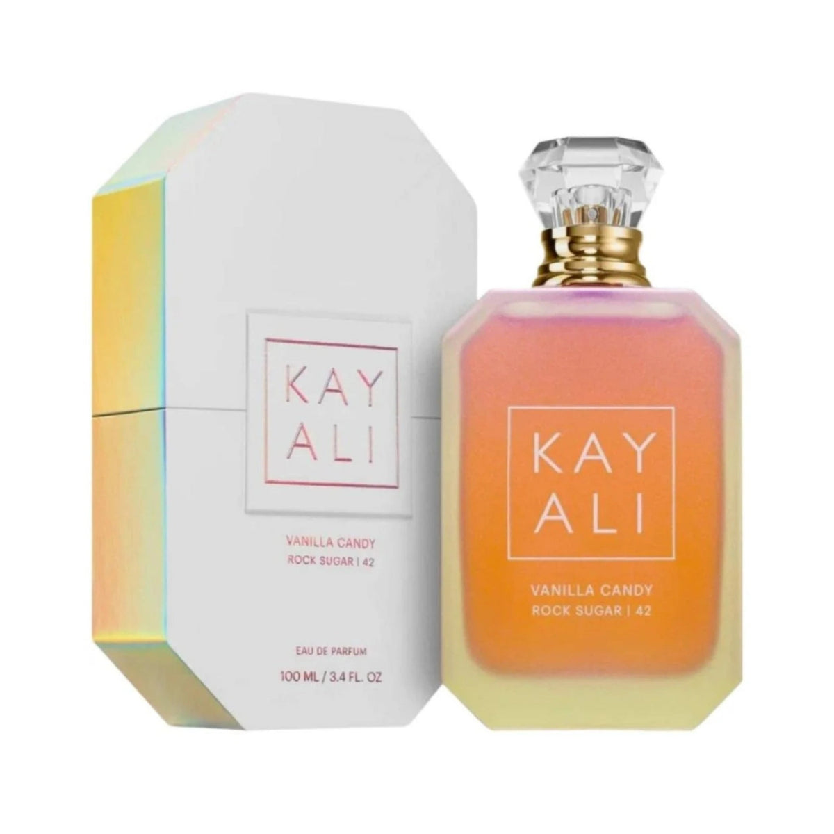 Refect Beauty Kayali Vanilla Candy Rock Sugar 42 eau de parfum bottle and white box with iridescent edges