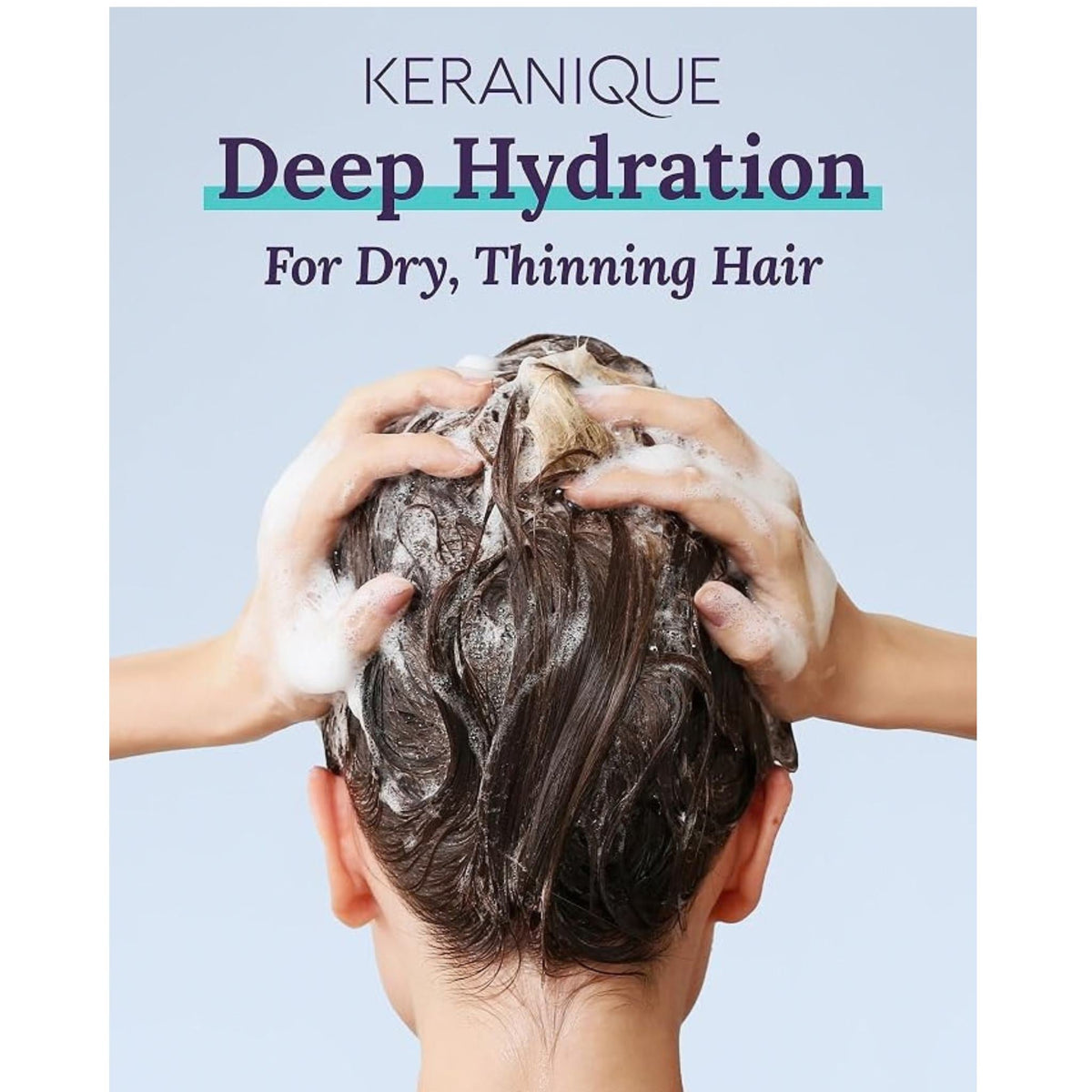 Refect Beauty Keranique Deep Hydration shampoo being massaged into hair to strengthen and moisturize dry strands