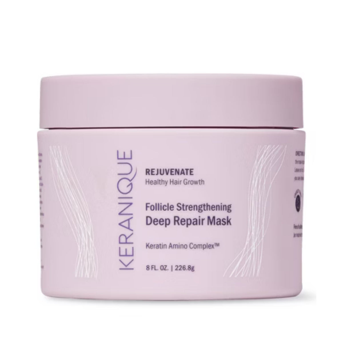 Refect Beauty Keranique Follicle Strengthening Deep Repair Hair Mask in a light purple 8 oz jar for damaged hair