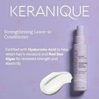 Refect Beauty Keranique Strengthening Leave-In Conditioner spray bottle with a creamy texture swatch on purple background and description