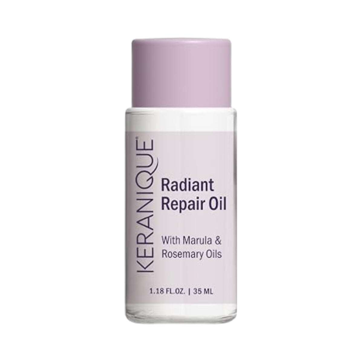 Refect Beauty Keranique Radiant Repair Oil bottle for nourishing dry and damaged hair with a light purple cap