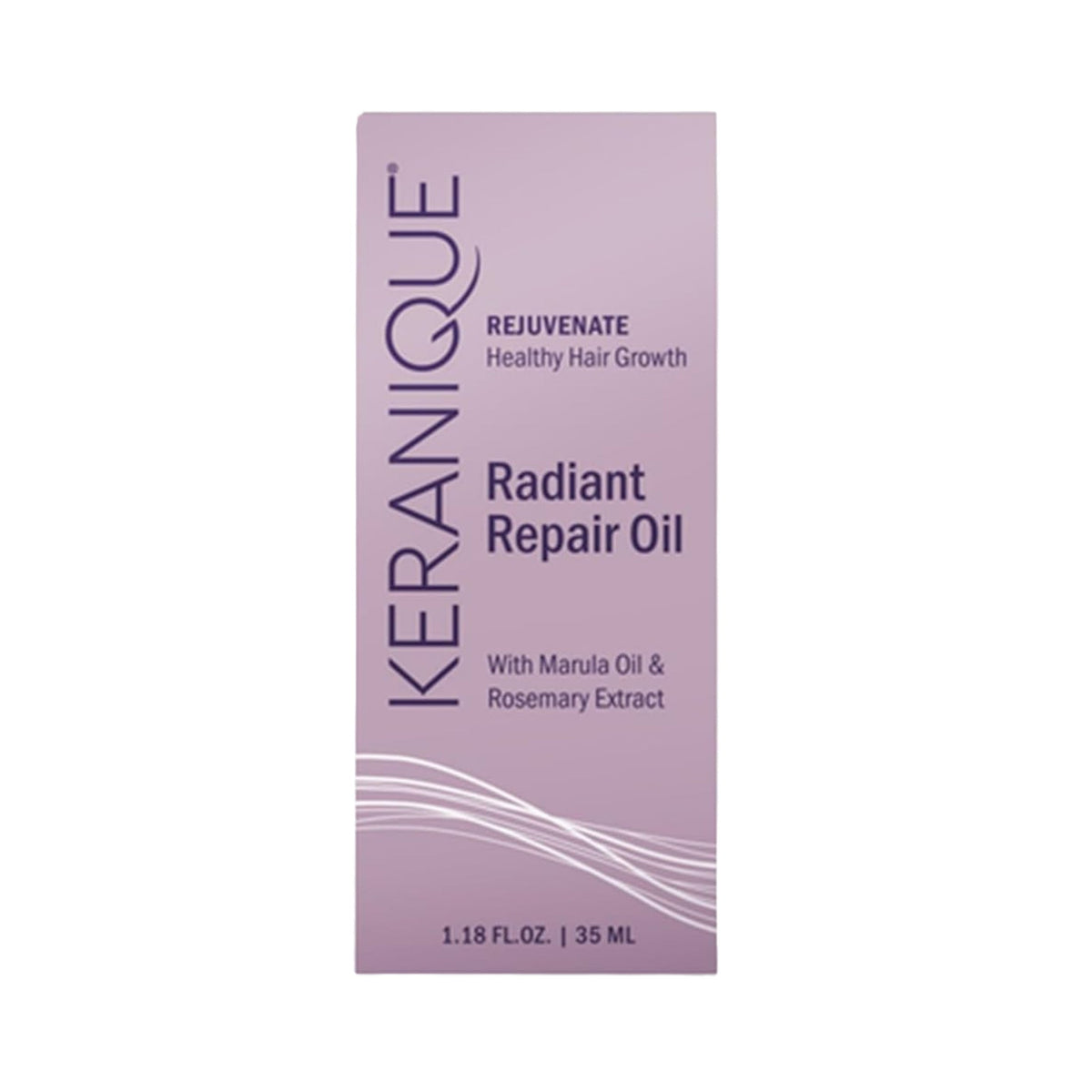Refect Beauty Keranique Radiant Repair Oil bottle in light purple packaging for nourishing dry and damaged hair