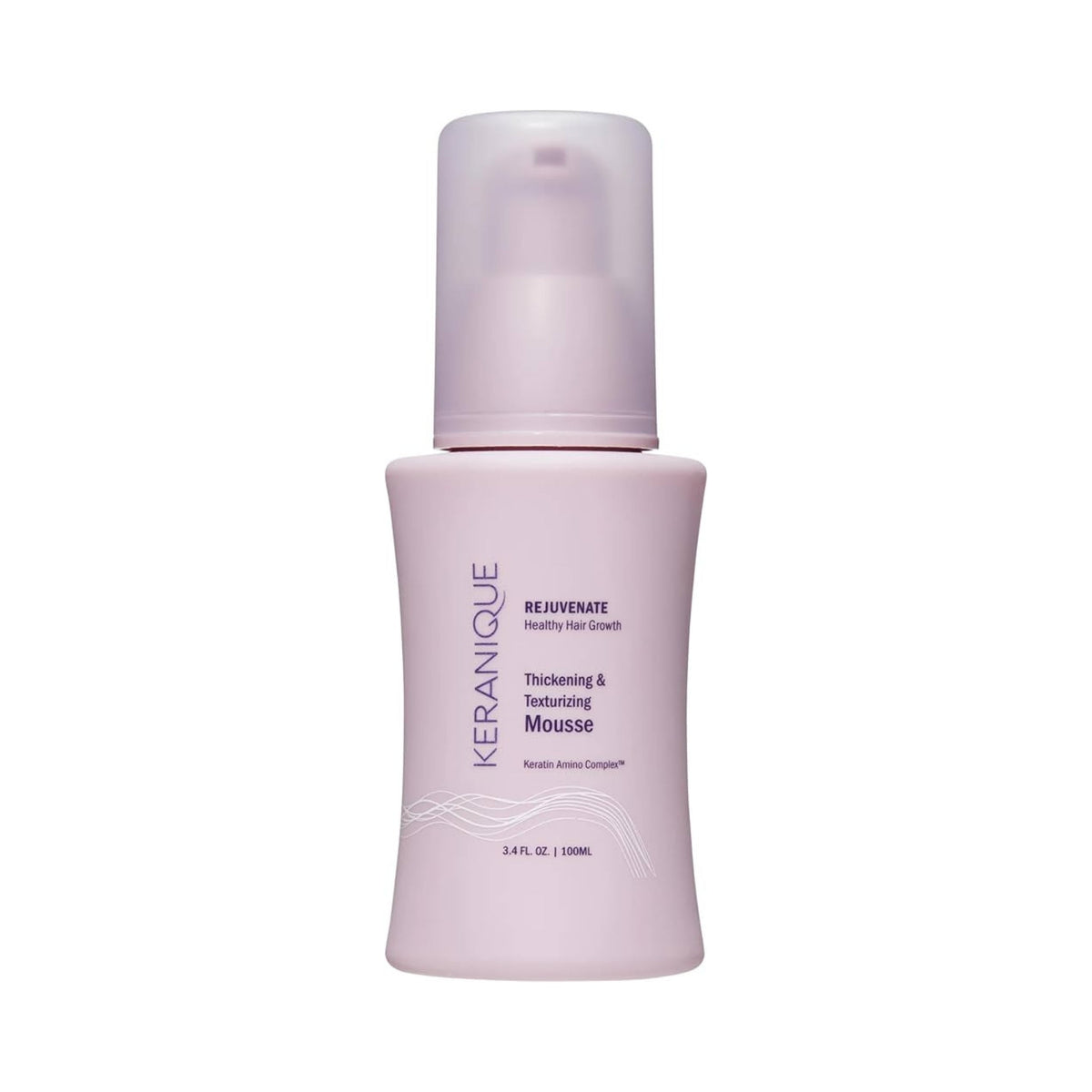 Refect Beauty Keranique Thickening & Texturizing Hair Mousse in a light pink bottle for volume and body.