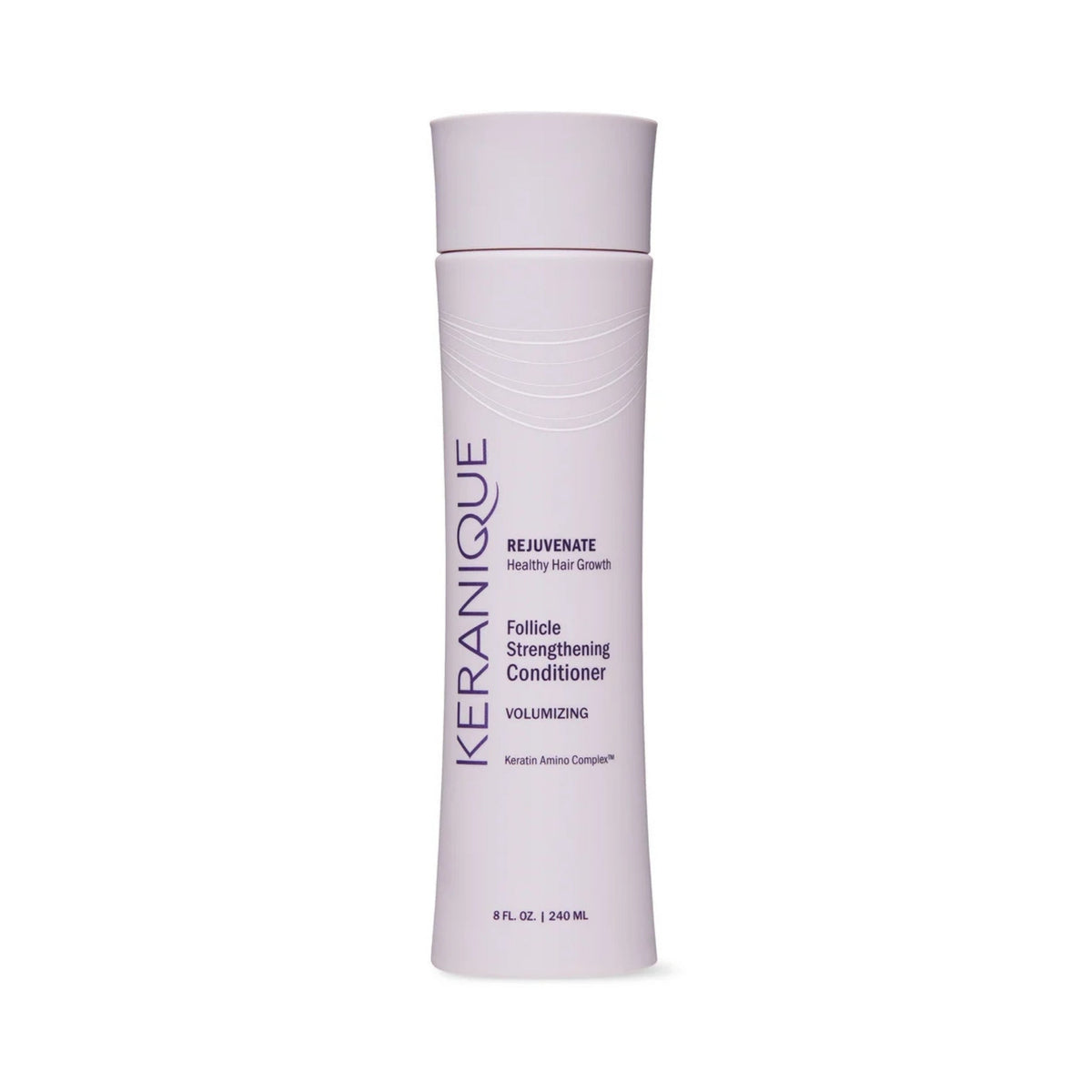 Refect Beauty Keranique Volumizing Follicle Strengthening Conditioner in a light purple bottle for fuller hair.