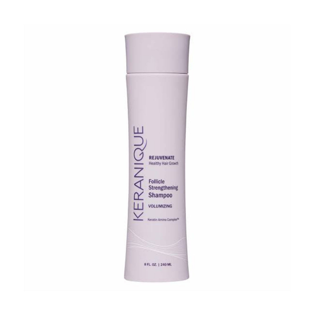 Refect Beauty Keranique Volumizing Follicle Strengthening Shampoo in a light purple bottle for fuller-looking hair.