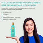 Refect Beauty Vital Care Naturals 2-Minute Repair Hair Masque with keratin held by a smiling woman with long hair.