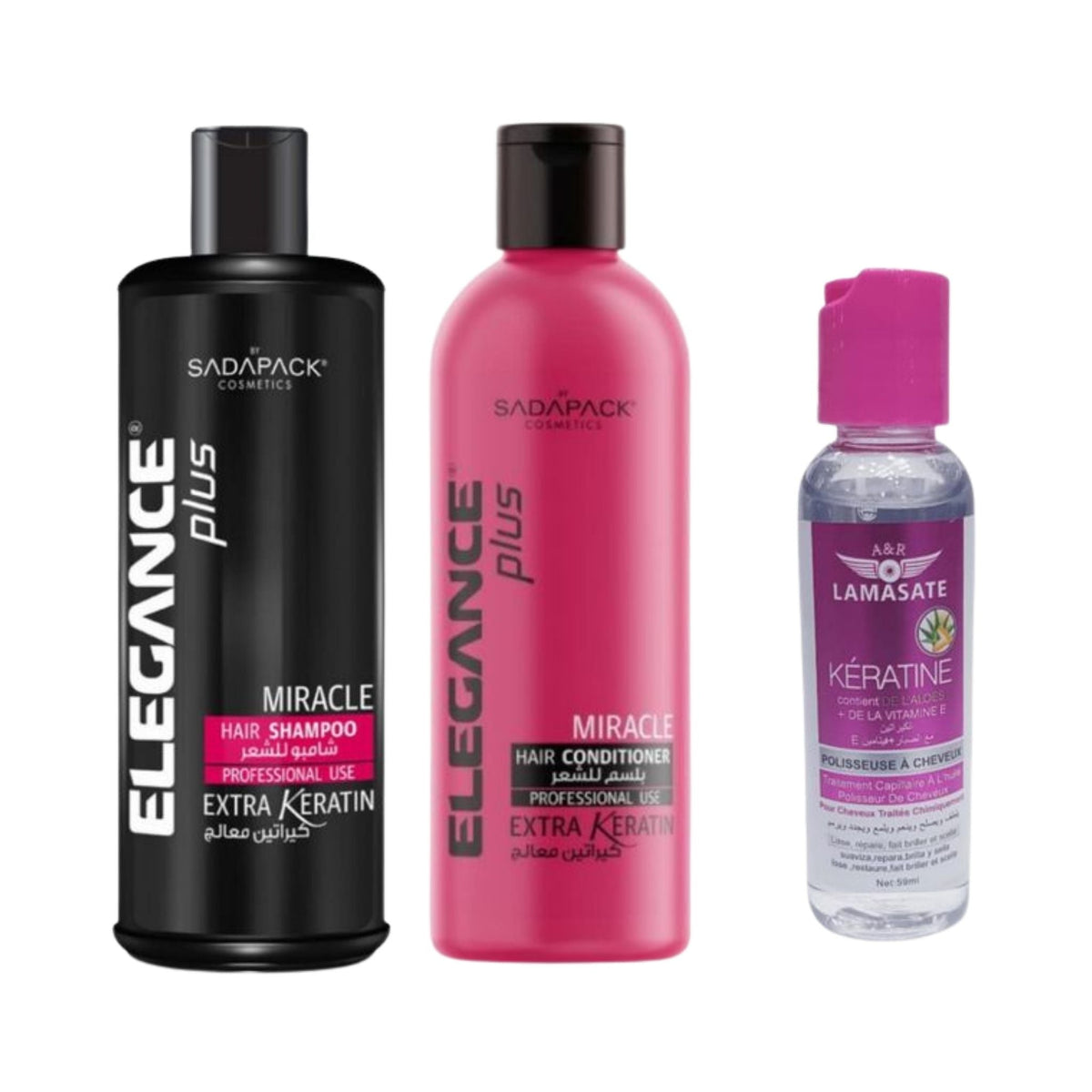 Refect Beauty Elegance Keratin hair care set including black shampoo bottle, pink conditioner, and hair serum.