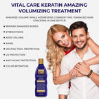 Refect Beauty Vital Care Keratin Amazing Volumizing Treatment bottle with a smiling couple in the background