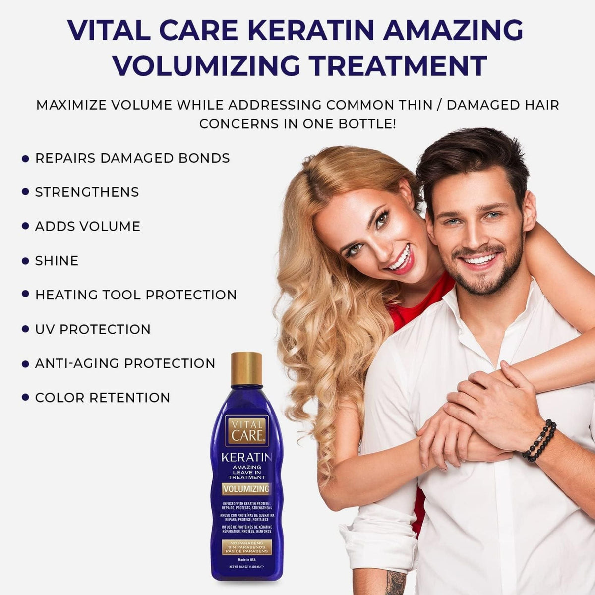 Refect Beauty Vital Care Keratin Amazing Volumizing Treatment bottle with a smiling couple in the background