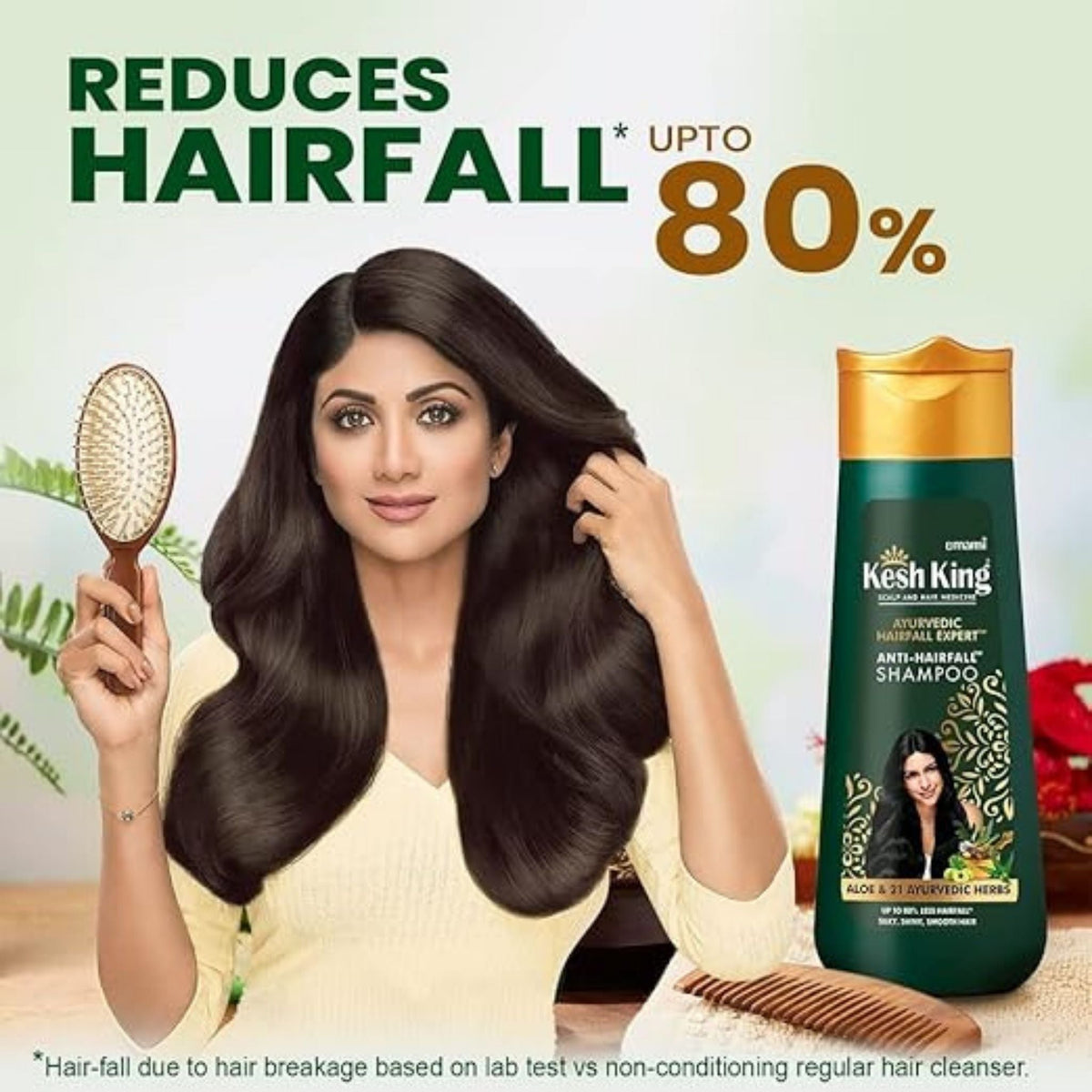 Refect Beauty Kesh King Aloe Vera anti-hairfall shampoo bottle with model holding a hairbrush for healthy hair