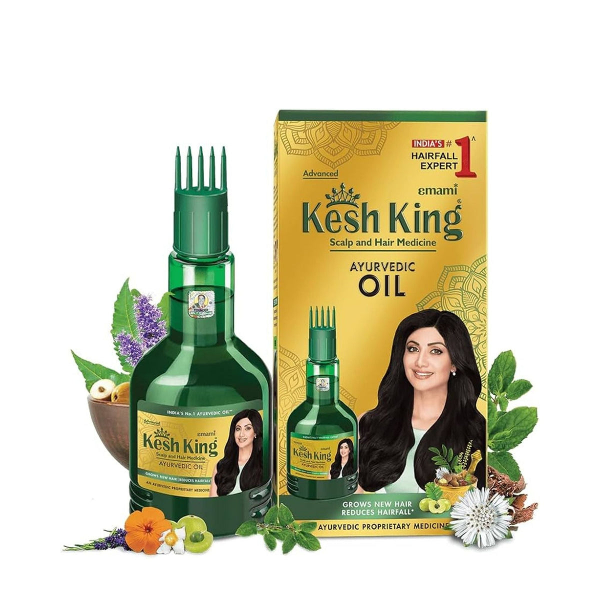 Refect Beauty Kesh King Ayurvedic hair oil bottle and box with herbal ingredients and model image