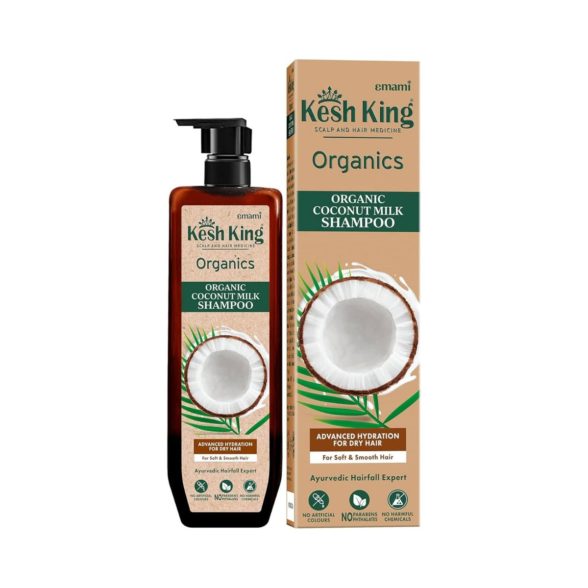 Refect Beauty Kesh King Organics Coconut Milk Shampoo bottle and packaging for hydrated, soft, and smooth hair.