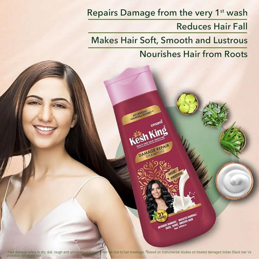 Refect Beauty Kesh King Damage Repair Shampoo bottle with herbal ingredients and a smiling woman with healthy hair