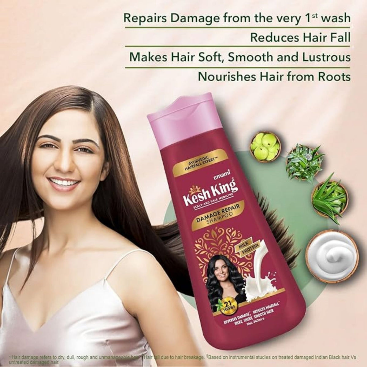 Refect Beauty Kesh King Damage Repair Shampoo bottle with herbal ingredients and a smiling woman with healthy hair