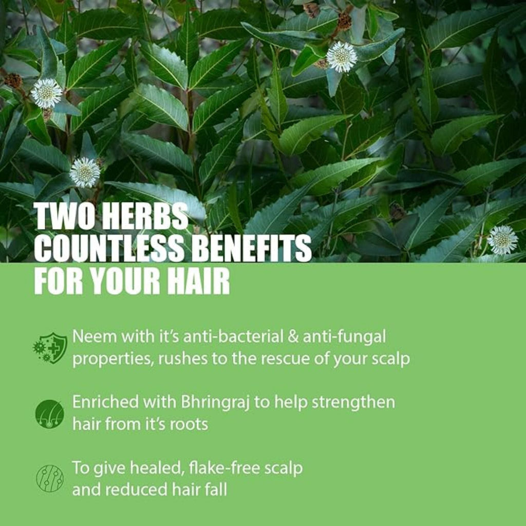 Refect Beauty Kesh King organic neem and bhringraj shampoo benefits graphic with green leaves and herbal text