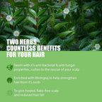Refect Beauty Kesh King organic neem and bhringraj shampoo benefits graphic with green leaves and herbal text