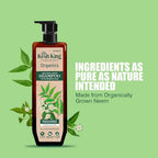Refect Beauty Kesh King Organic Neem and Bhringraj shampoo bottle on a green background with botanical illustrations.