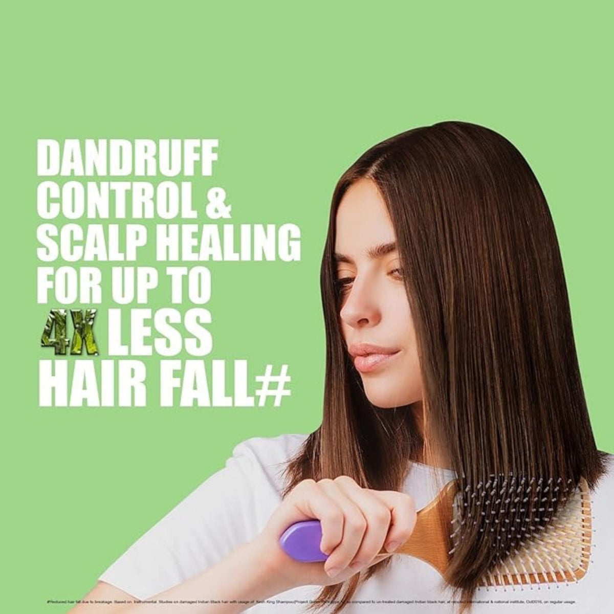 Refect Beauty Kesh King Organic Neem and Bhringraj shampoo advertisement featuring a woman brushing her smooth hair.