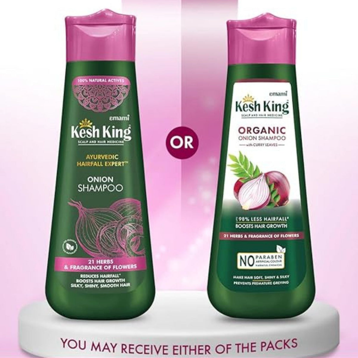 Refect Beauty Kesh King organic onion shampoo with curry leaves in two bottle variations for hair strengthening