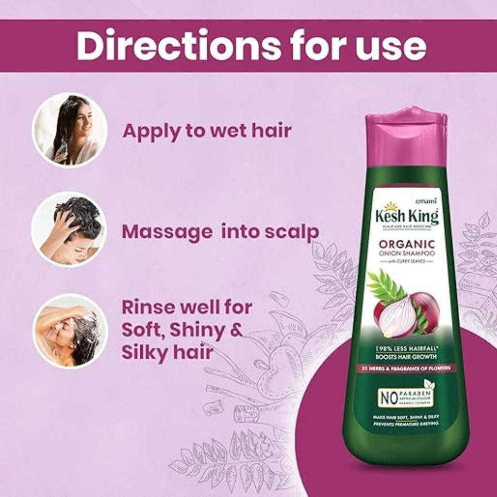 Refect Beauty Kesh King Organic Onion Shampoo bottle with curry leaves and usage instructions on a purple background